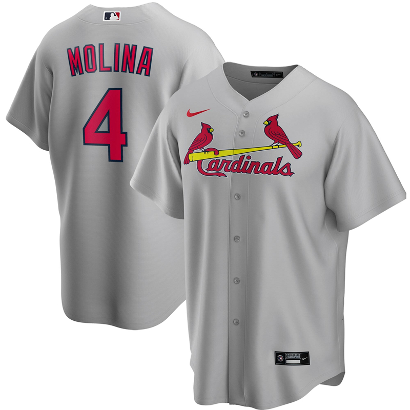 2020 MLB Men St. Louis Cardinals #4 Yadier Molina Nike Gray Road 2020 Replica Player Jersey 1